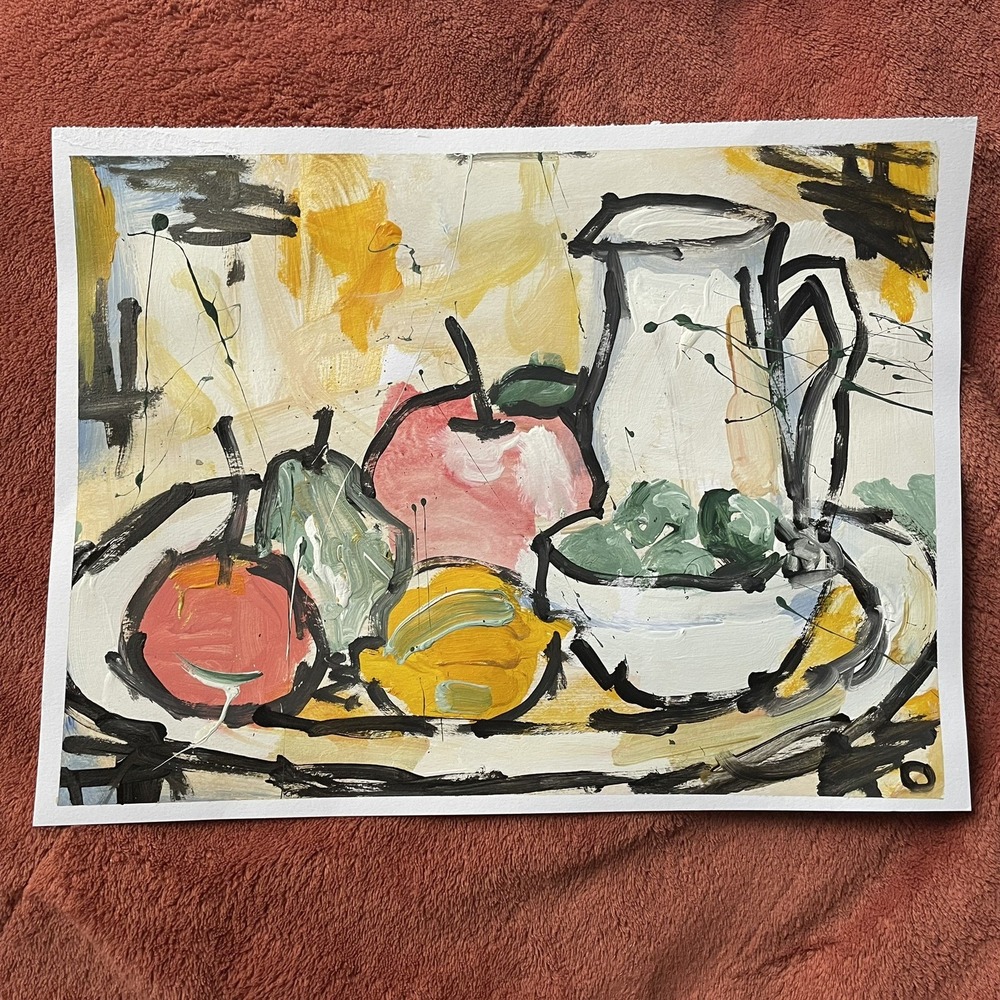 Still Life Original Painting 9x12 Abstract Fruit Pitcher Expressionist Art Oman